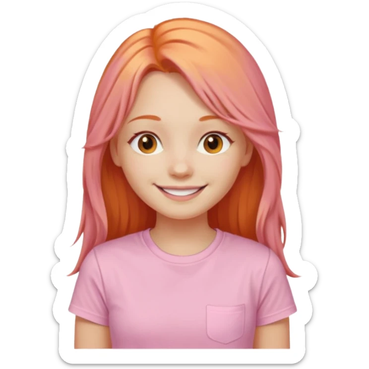 The girl with long orange hair is very happy. Make the girl similar with the reference picture. Change her sweat. Make it pastel pink t-shirt. sticker