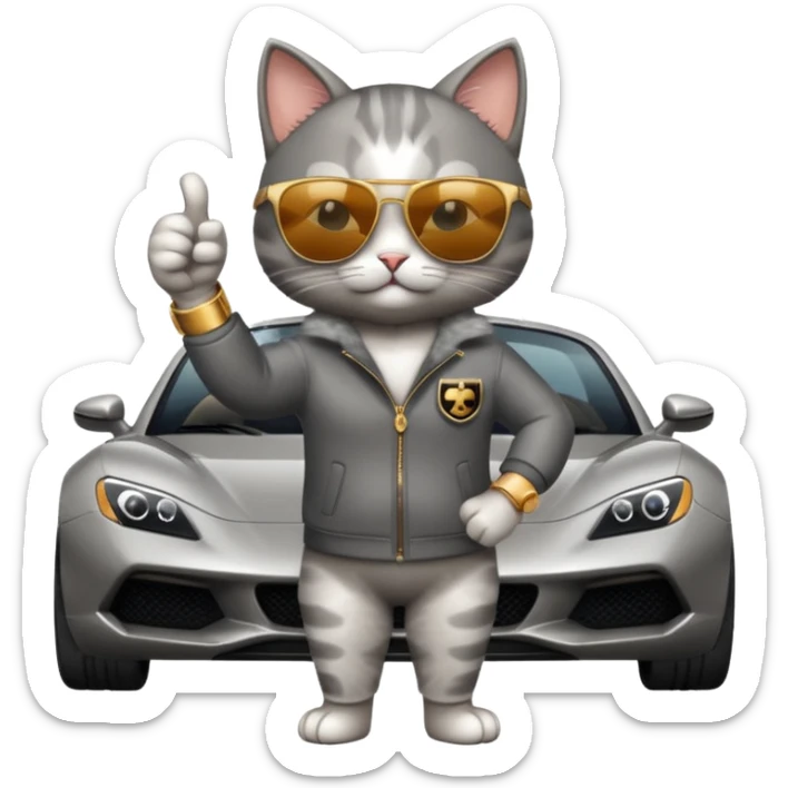 cat wearing sunglasses and a watch giving a thumbs up next to a fancy car sticker