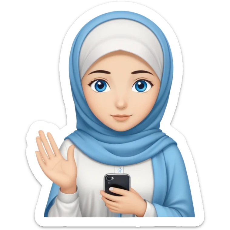 Turkish beautiful finish Konya girl blue eyes with cloudy hijab dress islamic dress and had on her hand text Eid Mubarak  sticker