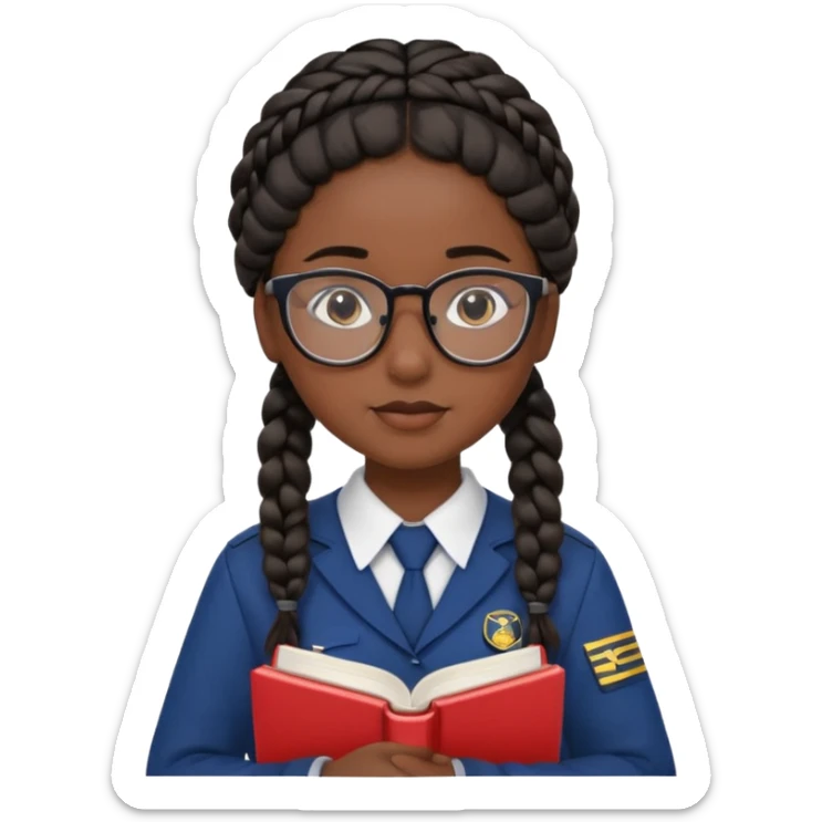 Girl student wearing uniform, glasses, hold book in front of their chest, black braided hair, dark skin sticker