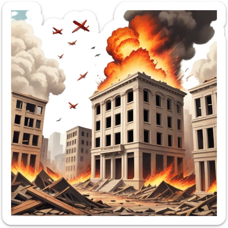 A vintage movie poster-style design with a dramatic scene of a natural disaster like an earthquake, tornado, or tsunami. Include crumbling buildings, flying debris, and fiery explosions. The background should be chaotic, with a cinematic, apocalyptic vibe. Transparent background. sticker