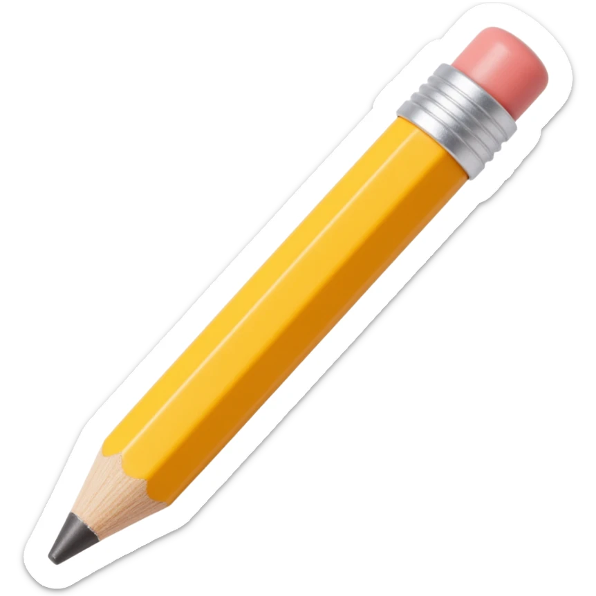 wooden pencil icon in skeuomorphism style, with realistic wood grain and a shiny yellow paint finish sticker