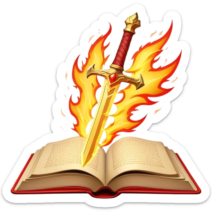 A fiery red book with golden details, a textured, leather-like cover, a flaming sword, or a lightning bolt, radiating power, resilience, and the fire of transformation-- the inner strength book sticker