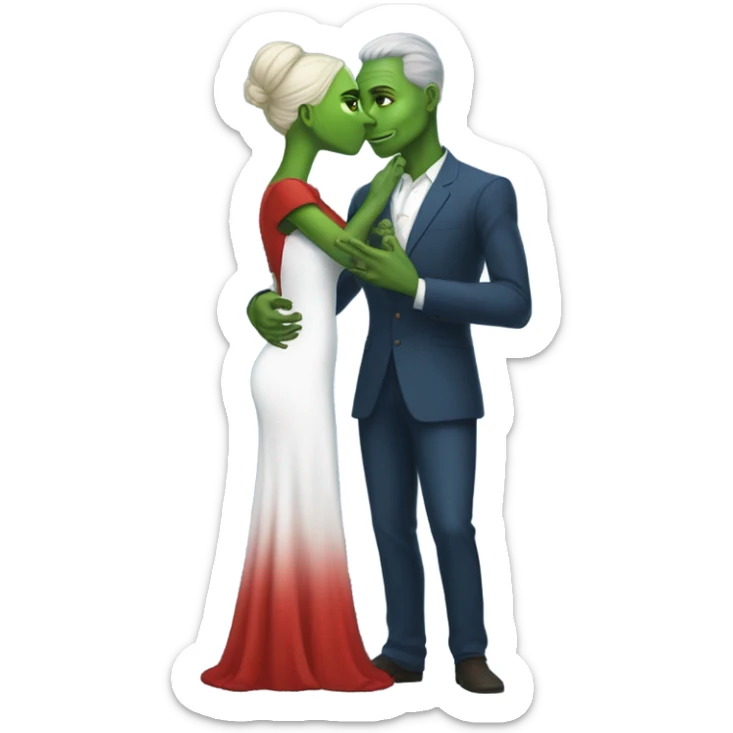 Beatiful tall green skin female reptilian in red dress, kissing white man in blue dress, full figure, full body sticker
