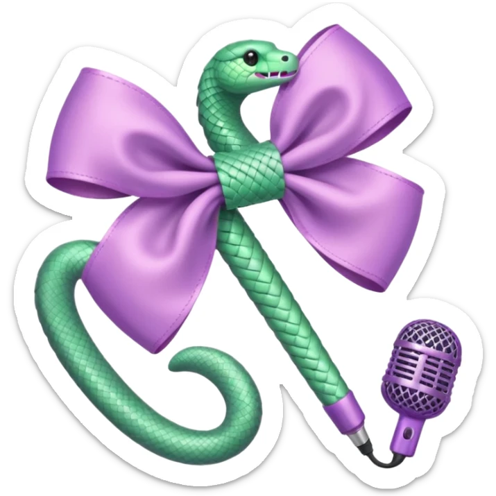 A pastel pink bow with a pastel green snake on the top of one side and a pastel purple microphone on the bottom of the other side sticker