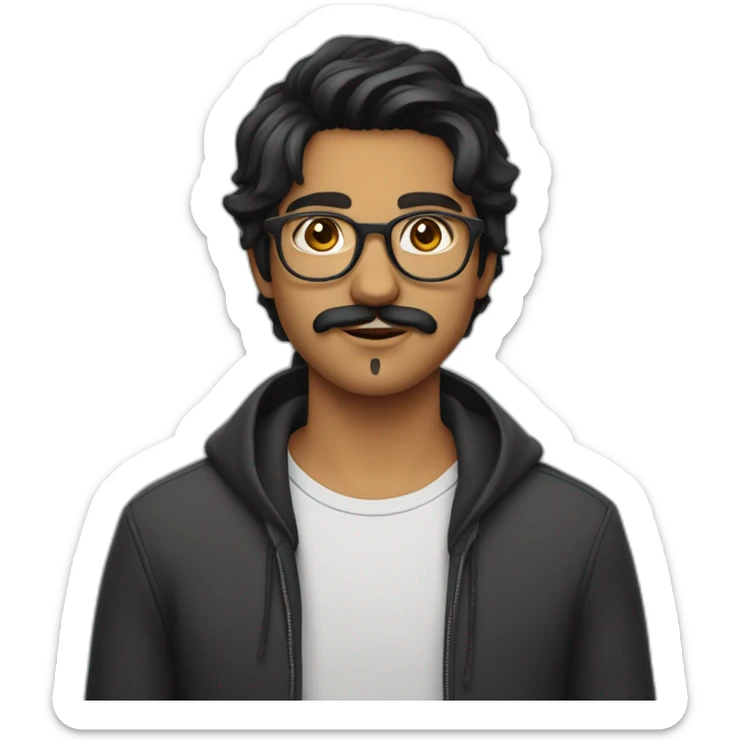 Indian teenager, with moustache and a goatee, with long wavy black hair, wearing glasses sticker