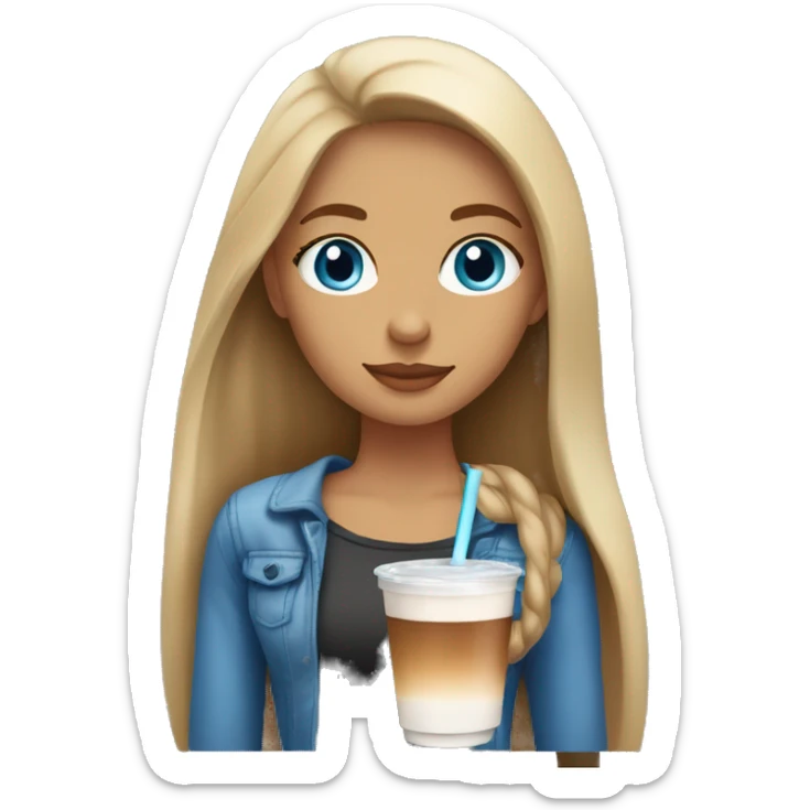 Girl with blue eyes long straight brown hair with blonde highlights sipping iced coffee sticker