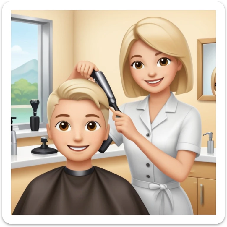 happy woman getting a haircut in a welcoming salon, both client and hairstylist smiling, no threatening elements sticker