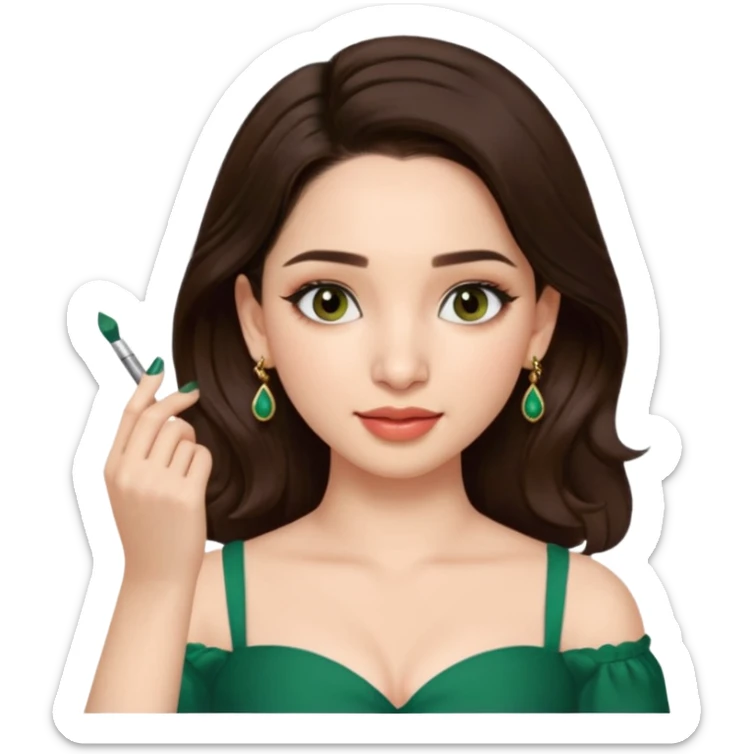 pretty bratz genmoji that looks like tamannah bhatia (bollywood actress), wearing a dark green sweetheart neckline top, dark brown hair, light makeup, no necklace, dangly earrings, side hair part, fair. dark brown eyes


Show her applying something on her face with a finger sticker