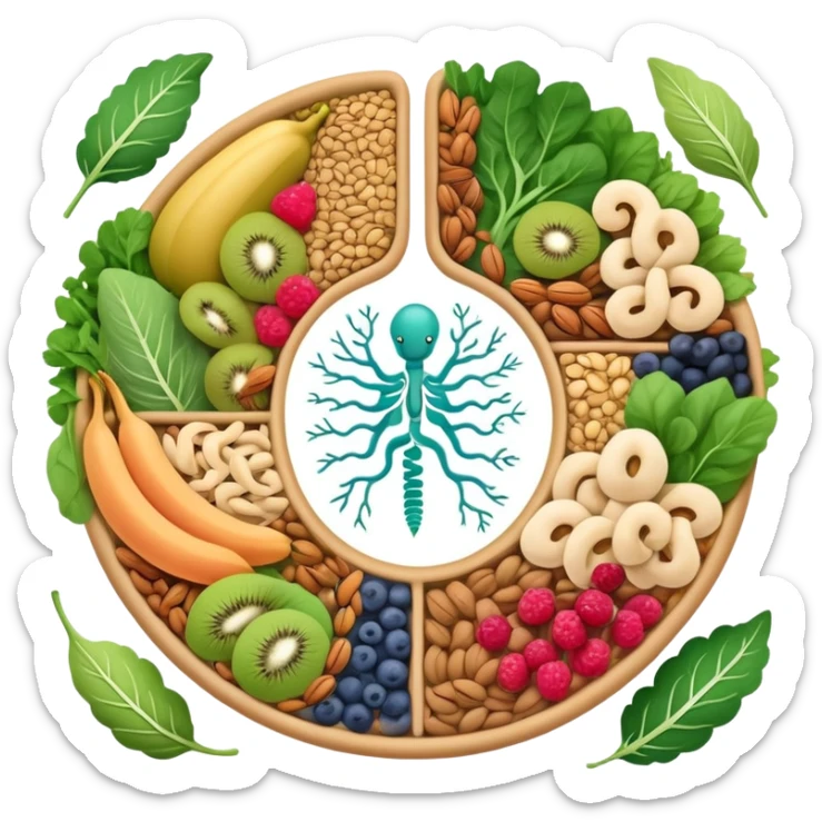 Whole grains, beans, lentils, colorful fruits, leafy greens, and small nuts surrounding an ethereal digestive system with visible intestinal tract. Gentle cleansing light flows through the intestines like a magical river, showing fiber's purifying effect. sticker