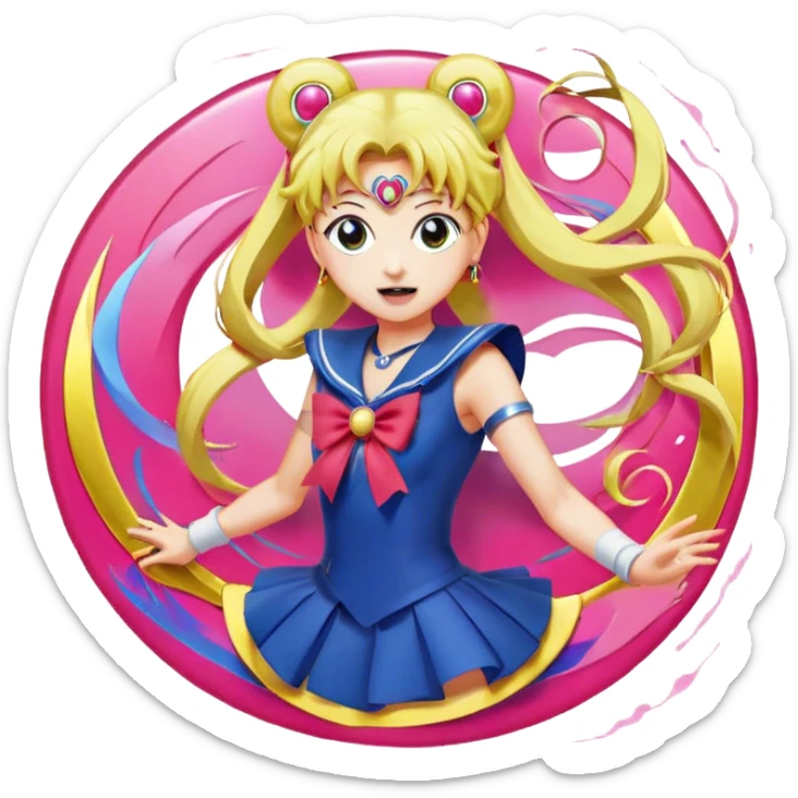 Icon for Anime: vibrant, dynamic scene with characters of Bishoujo Senshi Sailor Moon in action, featuring exaggerated expressions and colorful backgrounds. The design should reflect the distinct, energetic style of anime, with iconic eyes and unique visual elements. Transparent background. sticker