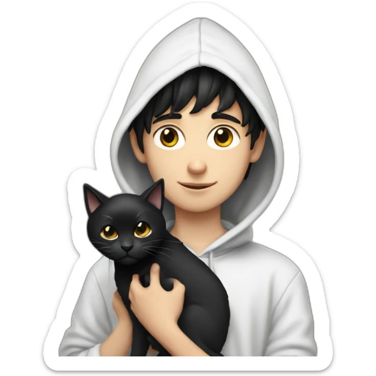 black haired and white skin boy who wears hoodie holds a black cat sticker