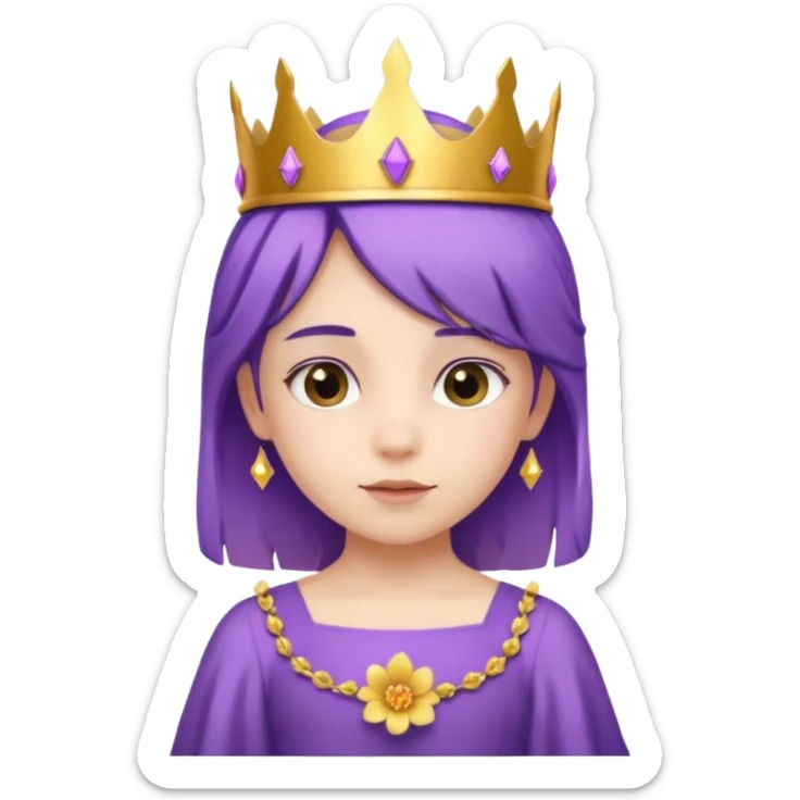Princesses kid girl, with Gold Crown and flower on purple hair, with white dress sticker
