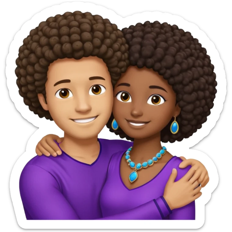 Tan male with short straight, light wavy hair, smiling and hugging a darkblack African  girl with Afro in purple clothes with blue jewelry sticker