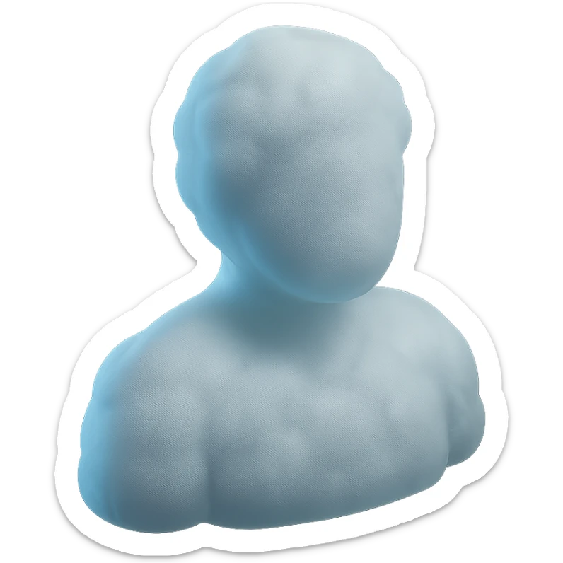 front view of a person made entirely of white fluffy convex clouds, shoulders visible, matte glass style sticker