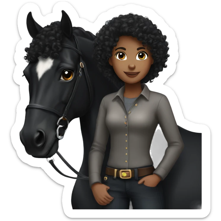 Black curly hair equestrian girl with brown eyes standing next to a black horse sticker