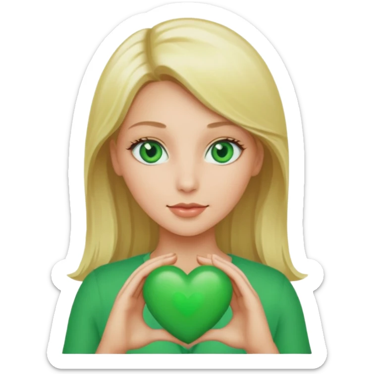Create a blonde less angelic women with green eyes holding a green hearth sticker