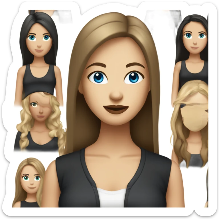 entire, white woman with straight long mid hair, dark brown hair, blue eyes, round face, uni-lips, wearing a black outfit, stylish. sticker