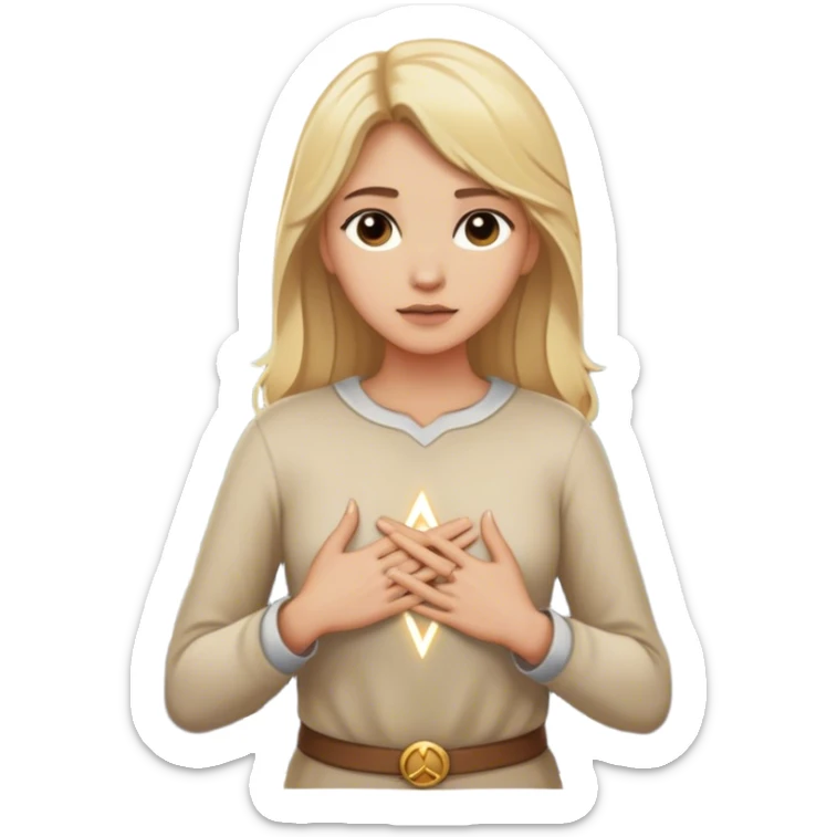 back of a blonde woman in front of a 2 crossroads paths ..places a hand on their chest, the light path, symbolizing their decision to respond instead of react with peace. light trail on mountains.. rock mountain sticker