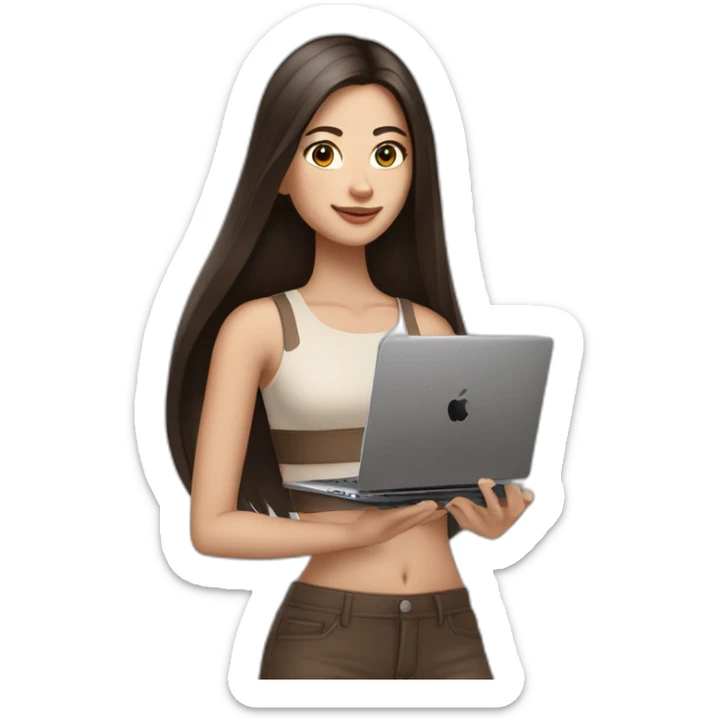 Beautiful woman, white skin,  long straight hair dark brown, dark brown eyes, with an iphone 14 pro max and a laptop, with basic outfit in nude color and comfy sticker