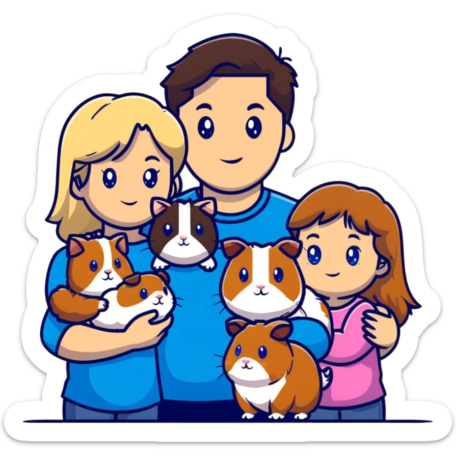 Family portrait with father with dark brown hair and blue eyes, mother with light brown hair and blue eyes, three blonde little girls with blue eyes, plus a cat and two guinea pigs sticker