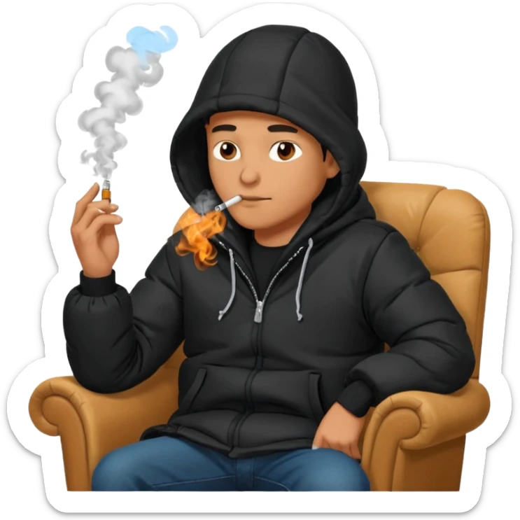 A man sitting on a chair, wearing a black puffed coat with hood, hands in his pocket, smoking a cigaret, he is on a chair i sticker