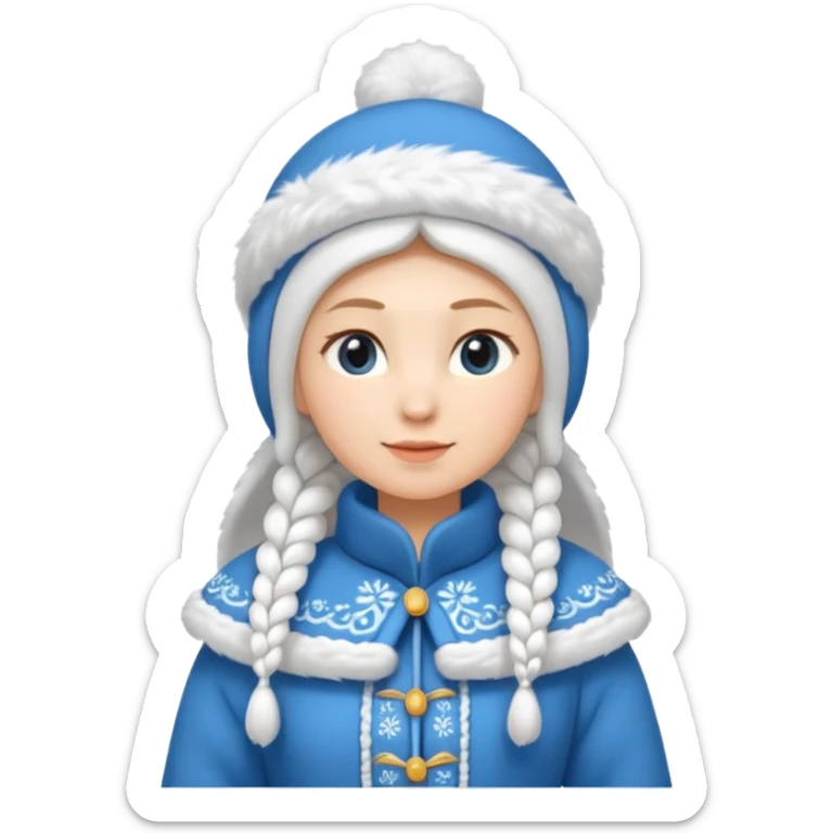 A cute Snow Maiden (Snegurochka) emoji, full body, standing in side view, wearing a traditional blue winter coat with white fur trim, long braid, and a kokoshnik-style winter hat. sticker