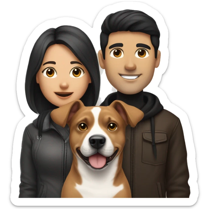 Create an emoji-style image of a young couple: a woman with dark brown hair and a man with black hair. In front of them are two dogs: a small white-and-black dog with black spots on its face and a larger tan pitbull with a white patch on its chest. sticker