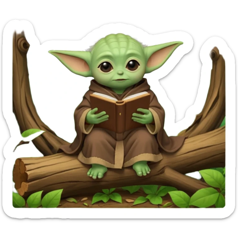 Baby Yoda con su tunica chocolate leyendo en un bosque sentado en una rama caida de un arbol sticker