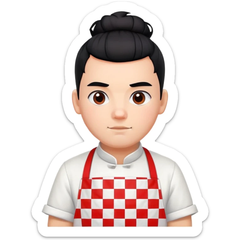 big boy with black hair in a topknot, wearing a white apron with red squares pattern sticker