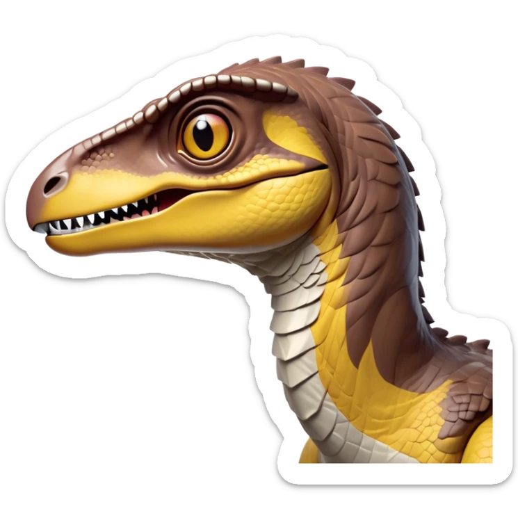 Cinematic Noble Velociraptor Portrait Emoji, Poised and agile, with a slender, streamlined build, sharp, cunning eyes, and a sleek snout hinting at predatory precision, Simplified yet sharply defined features, highly detailed, glowing with a cool, dynamic radiance, high shine, intelligent and swift, stylized with an air of agile prehistoric grace, focused and alert, soft glowing outline, capturing the essence of a watchful and confident Velociraptor that appears ready to dash out of the screen with effortless speed! sticker