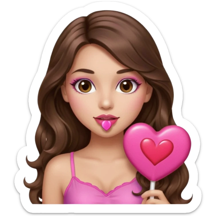 girl with long wavy brown hair, brown eyes, long lashes makeup, sexy pink lips, light to medium complexion, wearing a pink sexy top,, heart lillipop sticker