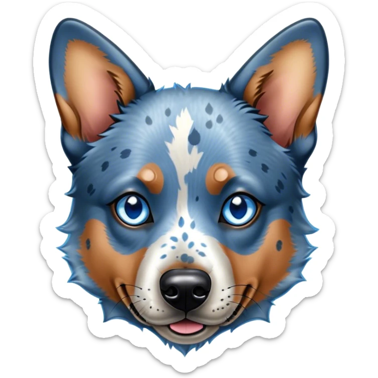 Cinematic Noble Blue Speckle Australian Cattle Dog Portrait Emoji, Poised and regal, with a robust, athletic build and a striking blue speckle Fur, piercing blue eyes, Simplified yet sharp and sophisticated features, highly detailed, glowing with a cool, dignified glow, high shine, intelligent and hardworking, stylized with an air of precision, focused and attentive, soft glowing outline, capturing the essence of a watchful and determined herder, so majestic it feels as though it could leap out of the screen with effortless authority! sticker