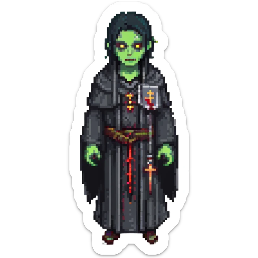 a zombie from the game DAYZ, A PRIEST WITH BLACK HAIR WEARING A BLACK ROBE sticker