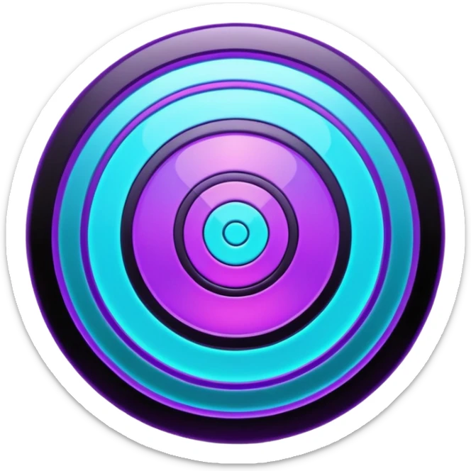 Futuristic glowing bullseye target emoji, neon purple and cyan holographic glow, dark background, digital tech style, abstract sparkles, no face. sticker