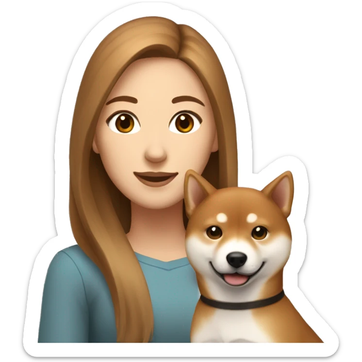 beautiful woman, straight long light brown hair, brown eyes smiling with dog Shiba Inu sticker