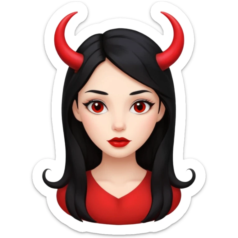 A girl's face with cheekbones, red skin, long black hair, small red horns, big lips sticker