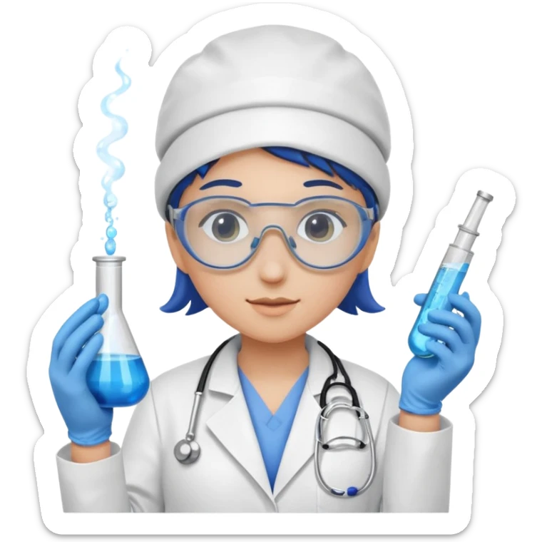 A person wearing safety goggles, a stethoscope, and a white coat. They are wearing blue protective gloves. In their hand, they are holding a test tube containing chemicals. sticker