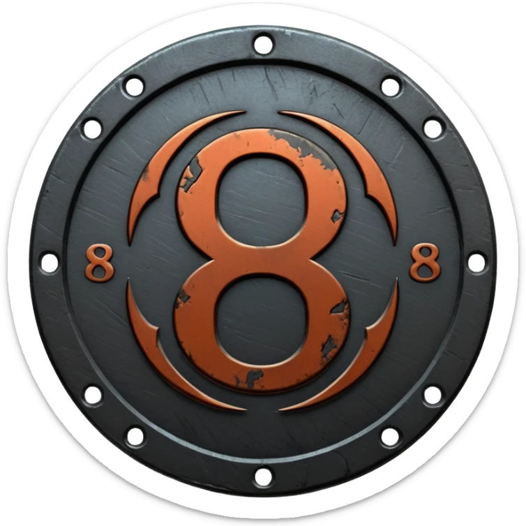 Minimal emoji, gothic metal coin made of black steel, engraved number 8 at the center, ancient industrial aesthetic, worn metal texture, no glow, no neon, flat emoji design, centered, transparent background sticker