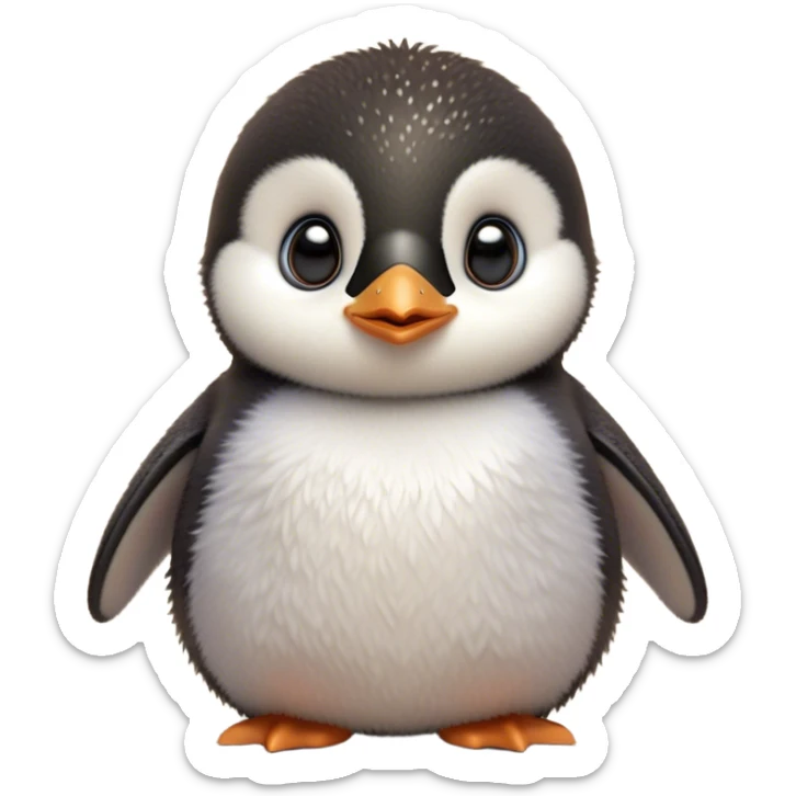 Cinematic Cute Baby Penguin Portrait Emoji, Head tilted playfully and inquisitively, with irresistibly fluffy plumage accented by a tiny beak and round, sparkling eyes filled with wonder, Simplified yet irresistibly adorable features, highly detailed, glowing with a warm, friendly polar glow, high shine, affectionate and lively, stylized with a touch of whimsical charm, bright and endearing, soft glowing outline, capturing the essence of a mischievous yet loving penguin that feels like it could slide out of the screen into your arms! sticker