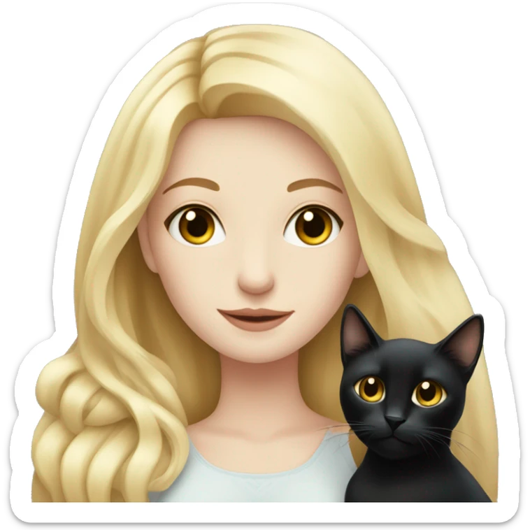 pretty woman with pale skin, very long blonde hair  hugging a black cat sticker