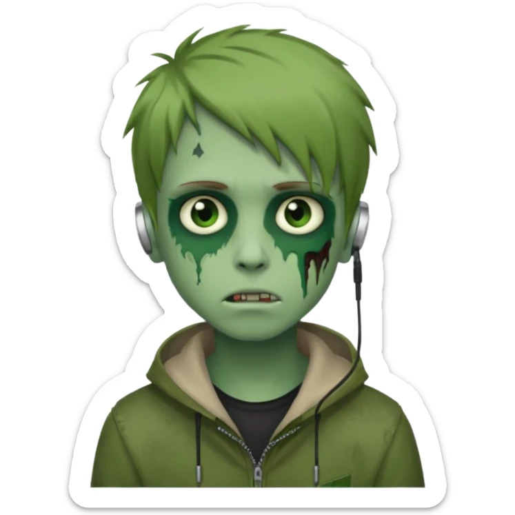 boy zombie with light brown emo hair and green skin and earpods emoji sticker