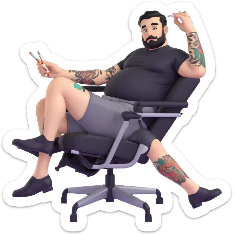 Large man reclining in chair, legs spread showing tattooed left calf, smoking a cigarette, round face, very short black hair, well-groomed beard with small mustache, light skin, black t-shirt with light stripes at top riding up to show belly, black shorts, arms and left calf covered in matching black graphic tattoo patterns sticker
