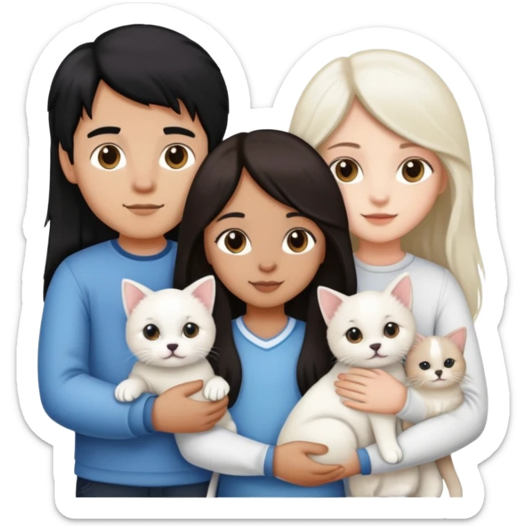A couple holding hands, the boy holdin a cat and the girl holding a white puppy. she has long brown hair and he has black hair sticker