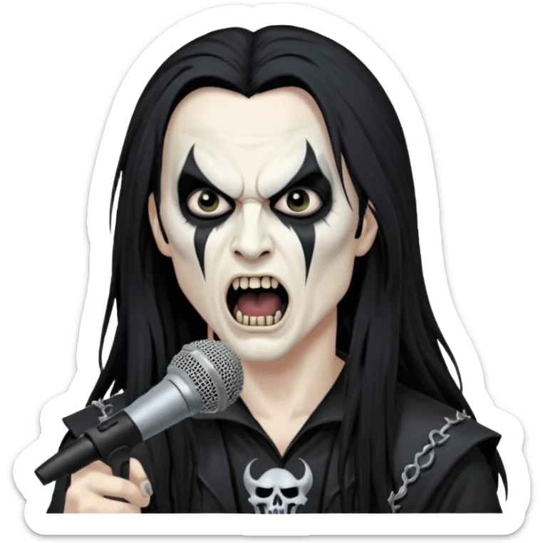 Black metal musician with corpse paint, long hair, screaming with mirophone sticker