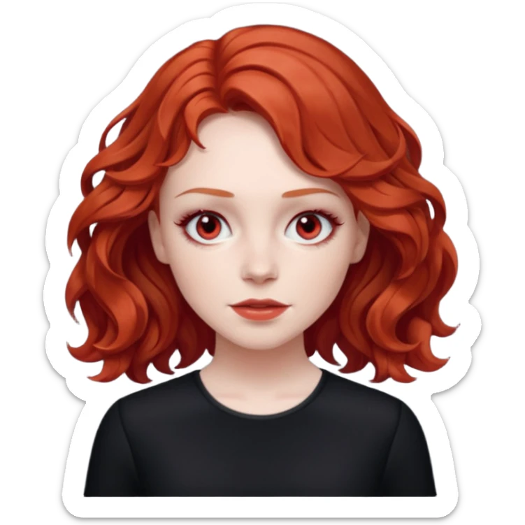 Julia Grant from Summer of Fear with medium red wavy hair, black outfit, white and red eyes sticker