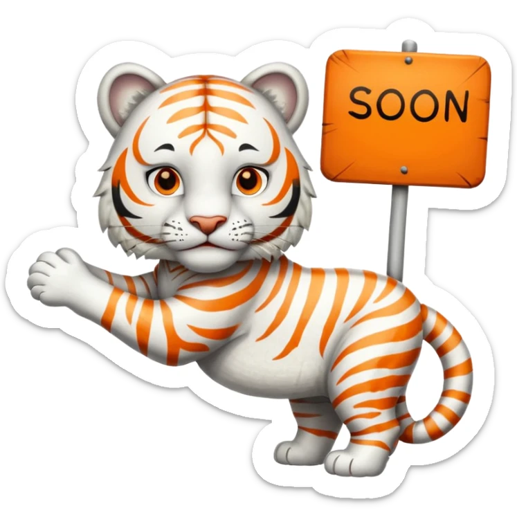 White Tiger. He is holding a sign with SOON - written on it. Let him have 4 paws, not more. sticker