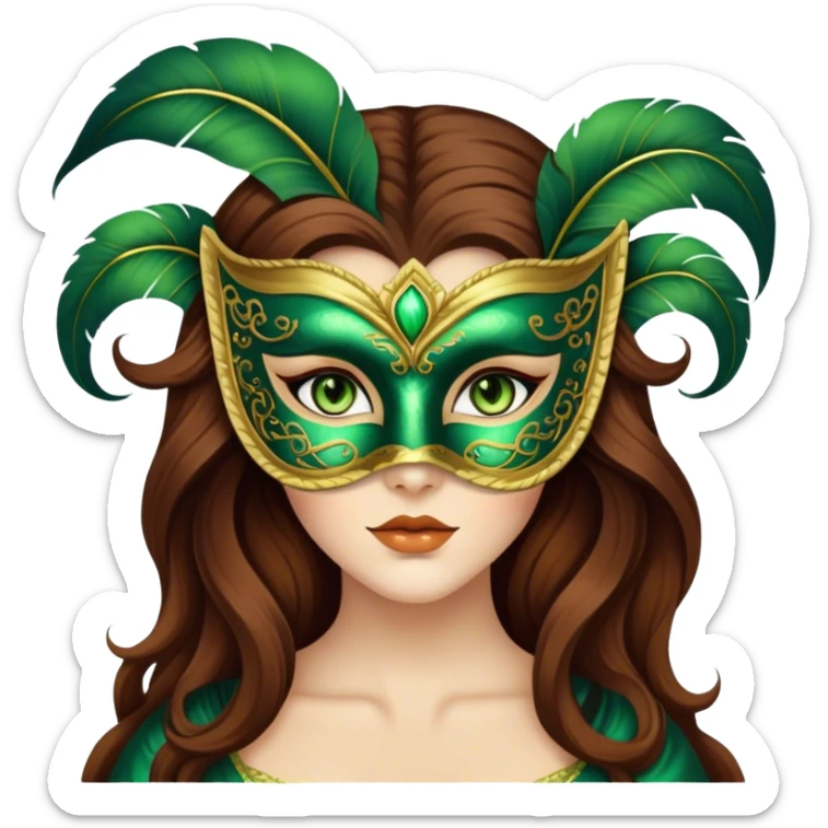 Greeneyed Woman with Long Brown hair venetian mask sticker