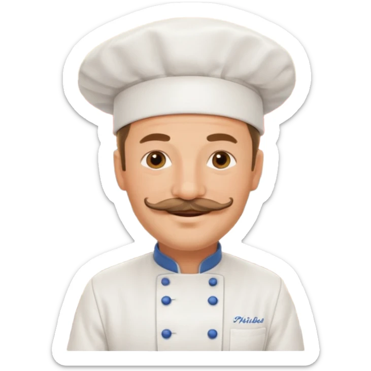 Est-ce que tu peux me faire un chef cuistot qui ressemble à Philippe Etchebest et qui est devant un restaurant? Est-ce que tu peux le faire souriant, avec une moustache de cuistot? 
 sticker