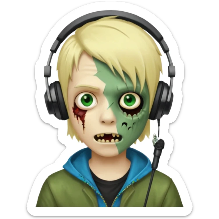 boy zombie whit blonde emo hair and eyes blue and GREEN SKIN and heandphones and a microfone and gold teeth sticker